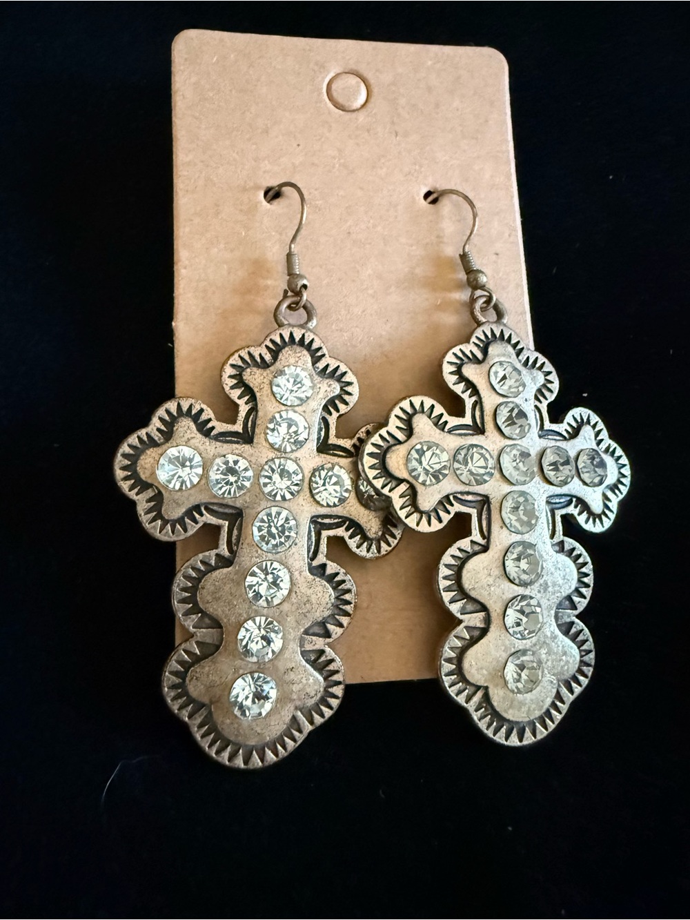 Rhinestone Cross Dangle Earrings - Silver Tone